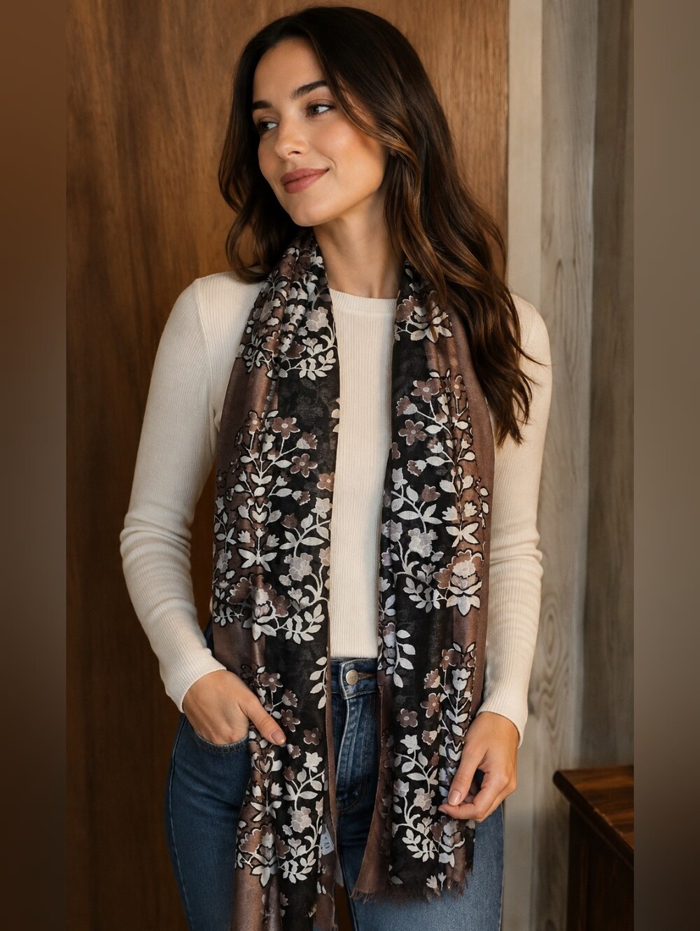 Vera Bradley Brown and Black Floral Fringe Scarf Chandelier Nior
